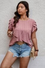 Plus Size Solid Swiss Dots Short Sleeve Blouse