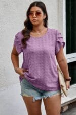 Plus Size Solid Swiss Dots Short Sleeve Blouse