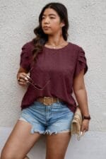 Plus Size Solid Swiss Dots Short Sleeve Blouse