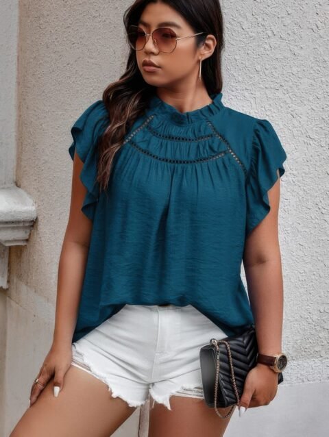 Plus Hollow Out Frill Collar Cap Sleeves Shirt