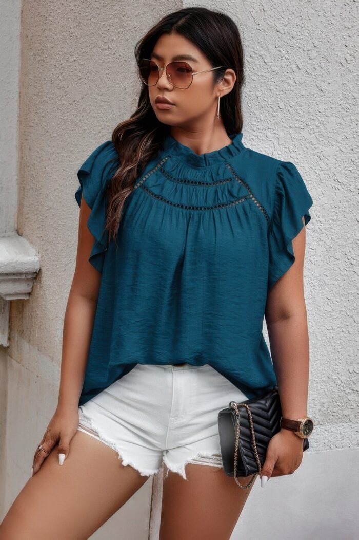 Plus hollow out frill collar cap sleeves shirt - image 1