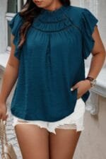 Plus Hollow Out Frill Collar Cap Sleeves Shirt