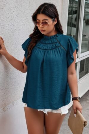 Plus Hollow Out Frill Collar Cap Sleeves Shirt