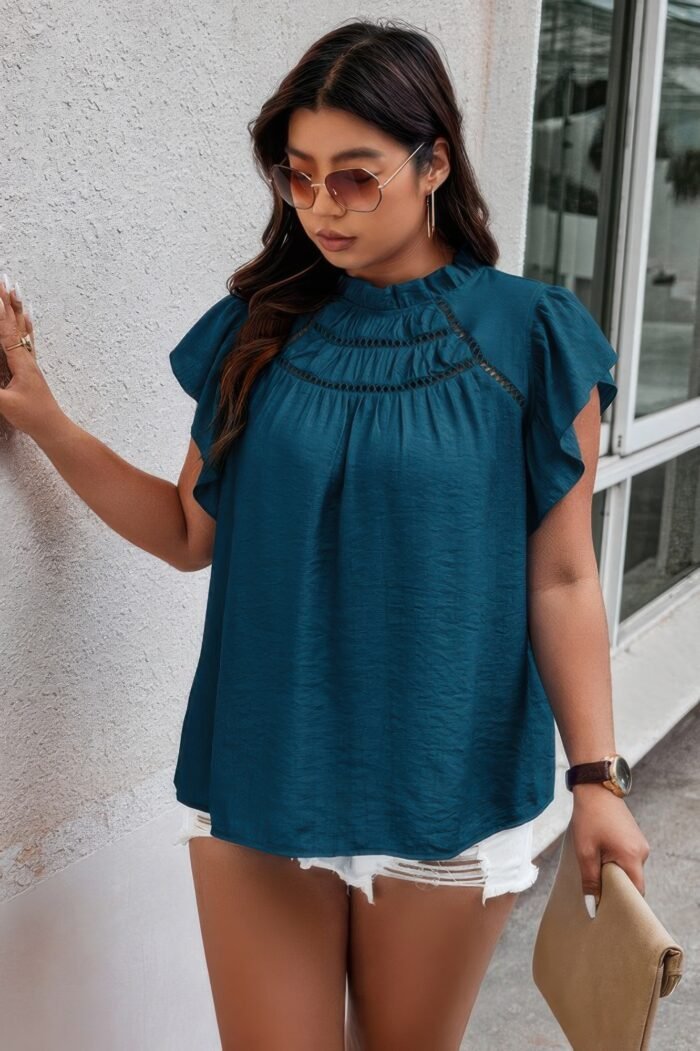 Plus hollow out frill collar cap sleeves shirt - image 3