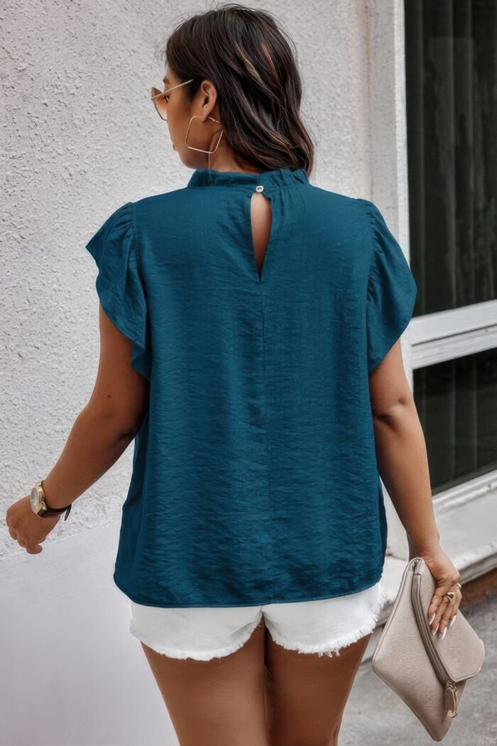 Plus hollow out frill collar cap sleeves shirt - image 4