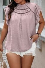 Plus Hollow Out Frill Collar Cap Sleeves Shirt