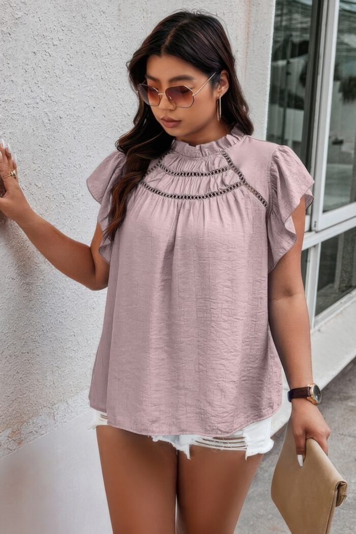 Plus hollow out frill collar cap sleeves shirt - image 6