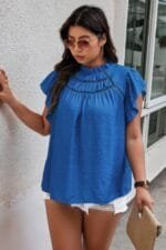 Plus Hollow Out Frill Collar Cap Sleeves Shirt