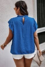 Plus Hollow Out Frill Collar Cap Sleeves Shirt