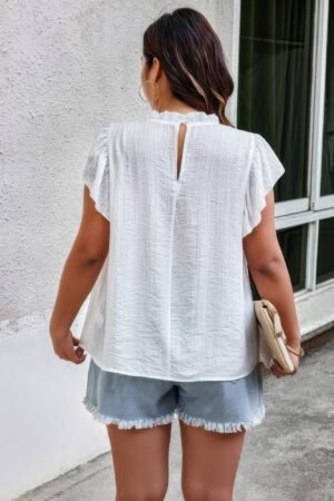 Plus Hollow Out Frill Collar Cap Sleeves Shirt