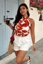 Plus Plant Print Halter Sleeveless Loose Blouse