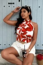 Plus Plant Print Halter Sleeveless Loose Blouse