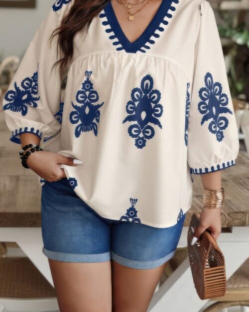plus v neck geo print puff sleeve blouse