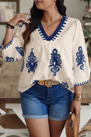 Plus V Neck Geo Print Puff Sleeve Blouse Plus V Neck Geo Print Puff Sleeve Blouse
