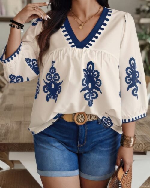 plus v neck geo print puff sleeve blouse