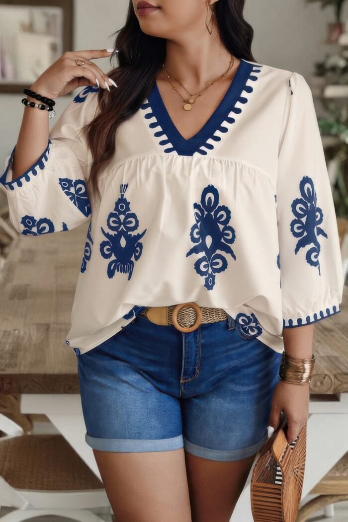 Plus v neck geo print puff sleeve blouse - image 2