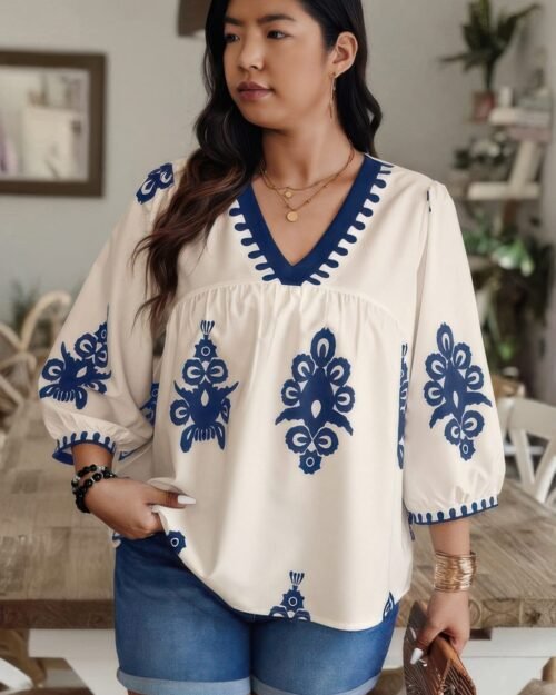 plus v neck geo print puff sleeve blouse