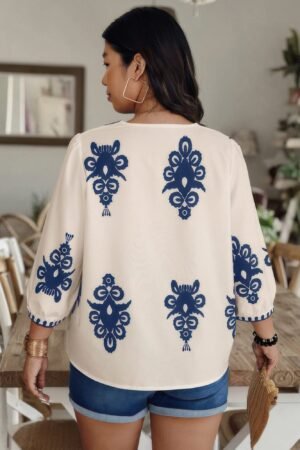 Plus V Neck Geo Print Puff Sleeve Blouse Plus V Neck Geo Print Puff Sleeve Blouse