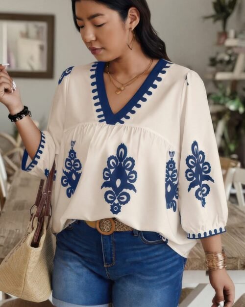 plus v neck geo print puff sleeve blouse
