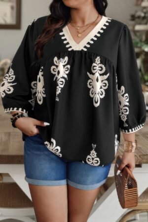 Plus V Neck Geo Print Puff Sleeve Blouse Plus V Neck Geo Print Puff Sleeve Blouse