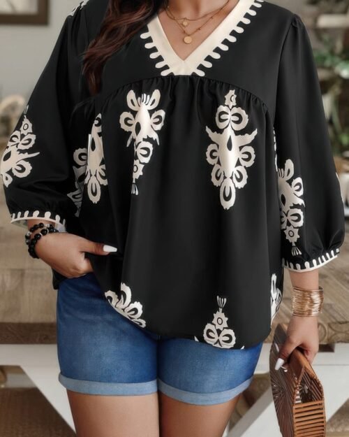 plus v neck geo print puff sleeve blouse
