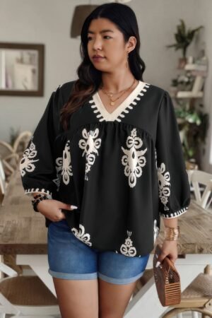 Plus V Neck Geo Print Puff Sleeve Blouse Plus V Neck Geo Print Puff Sleeve Blouse