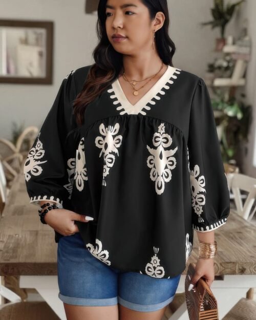 plus v neck geo print puff sleeve blouse