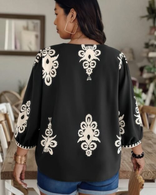 plus v neck geo print puff sleeve blouse