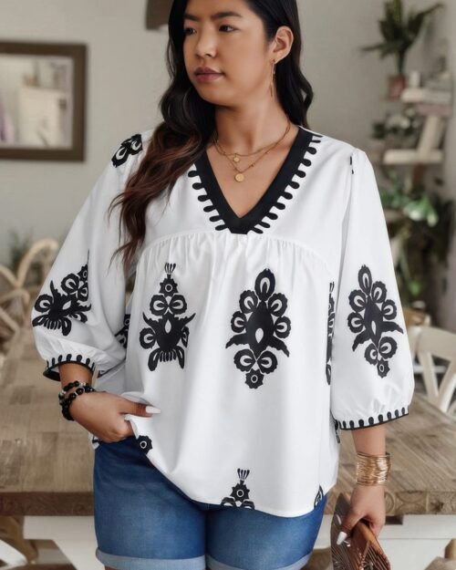 plus v neck geo print puff sleeve blouse