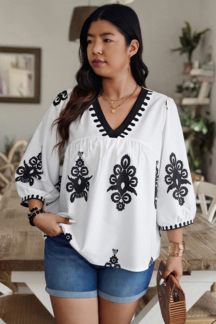 Plus v neck geo print puff sleeve blouse - image 9