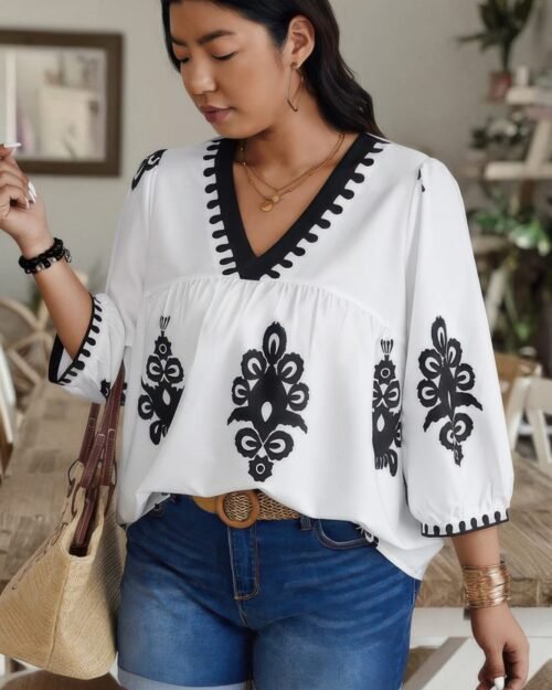 plus v neck geo print puff sleeve blouse