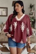 Plus V Neck Geo Print Puff Sleeve Blouse