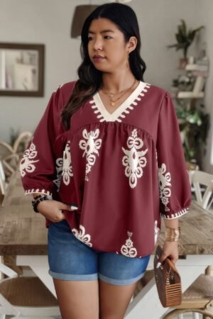Plus V Neck Geo Print Puff Sleeve Blouse Plus V Neck Geo Print Puff Sleeve Blouse