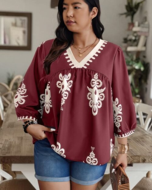 plus v neck geo print puff sleeve blouse