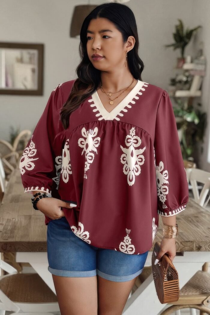 Plus v neck geo print puff sleeve blouse - image 12