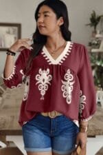 Plus V Neck Geo Print Puff Sleeve Blouse