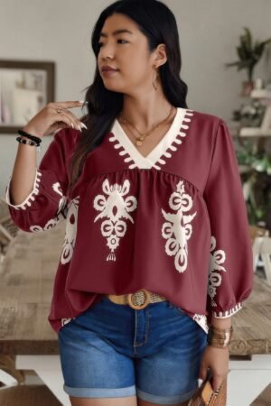 Plus V Neck Geo Print Puff Sleeve Blouse Plus V Neck Geo Print Puff Sleeve Blouse