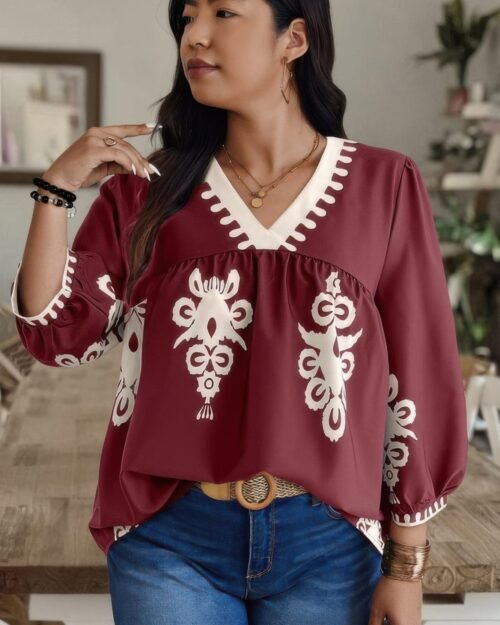 plus v neck geo print puff sleeve blouse