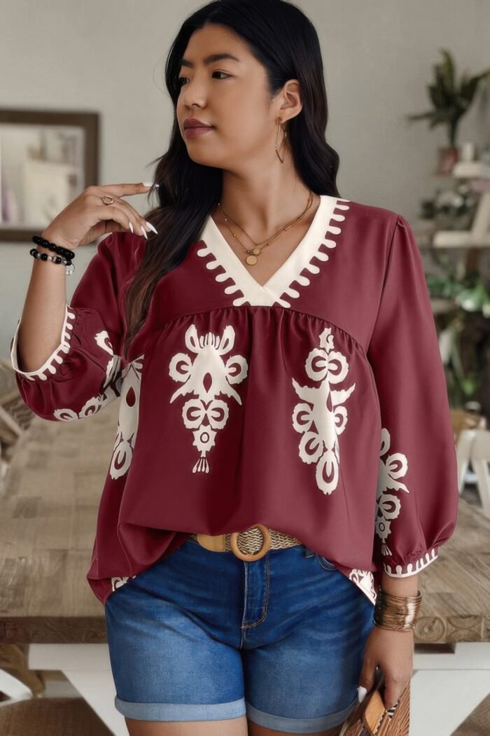 Plus v neck geo print puff sleeve blouse - image 13