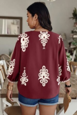 Plus V Neck Geo Print Puff Sleeve Blouse Plus V Neck Geo Print Puff Sleeve Blouse
