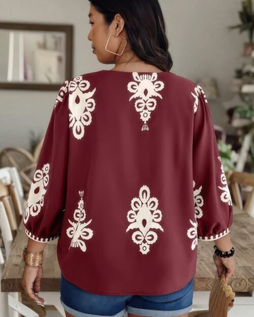plus v neck geo print puff sleeve blouse