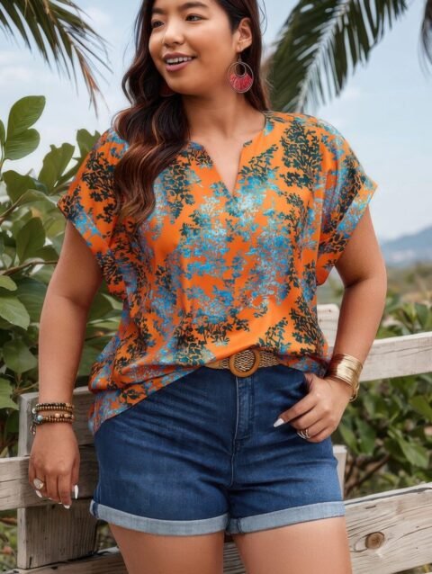 Plus Floral V Neck Batwing Sleeve Loose Shirt