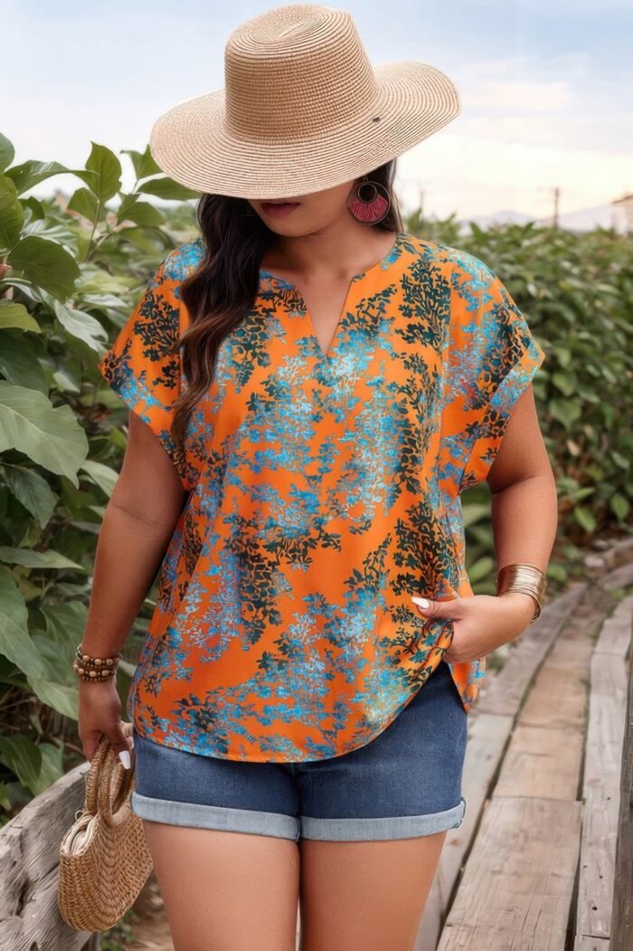Plus floral v neck batwing sleeve loose shirt - image 3