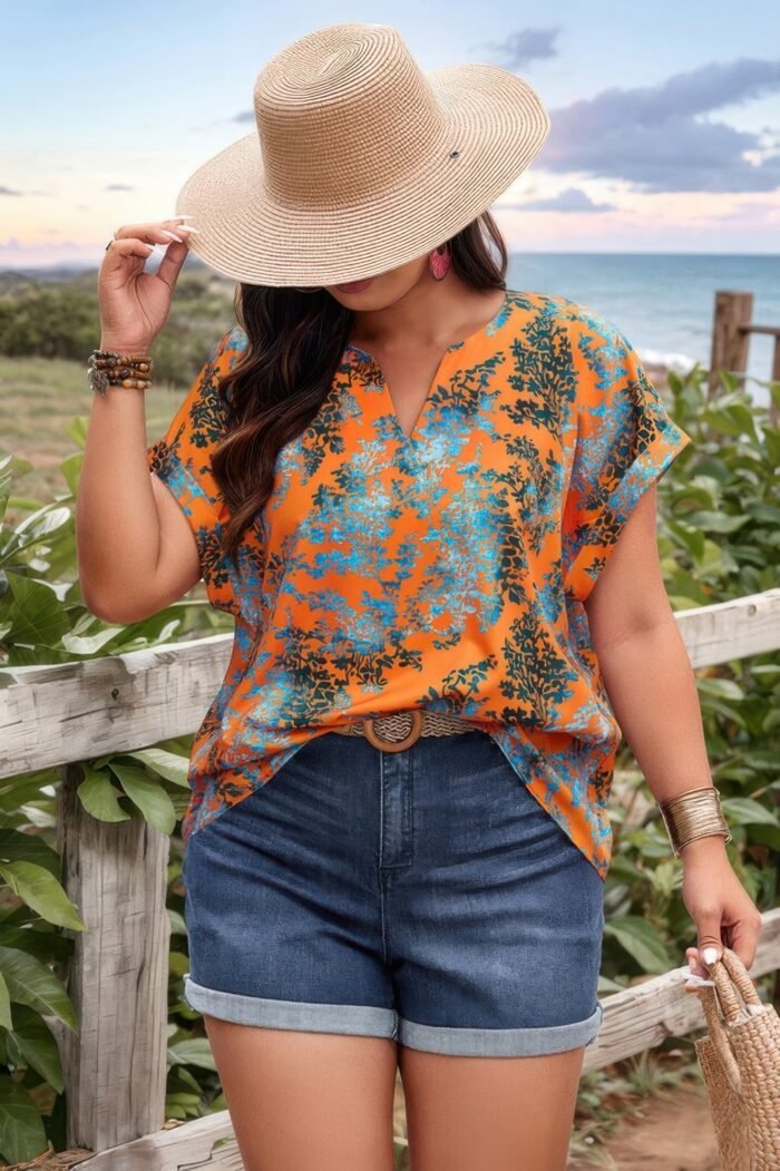 Plus floral v neck batwing sleeve loose shirt - image 4