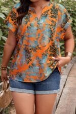 Plus Floral V Neck Batwing Sleeve Loose Shirt