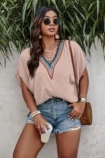 Plus Batwing Short Sleeve Lace V Neck Blouse