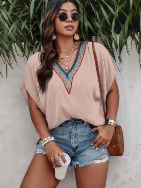 Plus Batwing Short Sleeve Lace V Neck Blouse