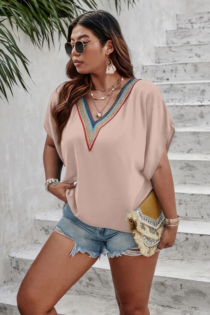 Plus batwing short sleeve lace v neck blouse - image 3