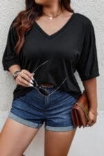 Plus Size Solid Drop Shoulder Short Sleeve Shirt