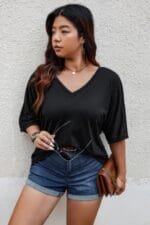 Plus Size Solid Drop Shoulder Short Sleeve Shirt